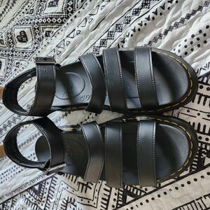 Black Strappy Sandals with Yellow Stitching
